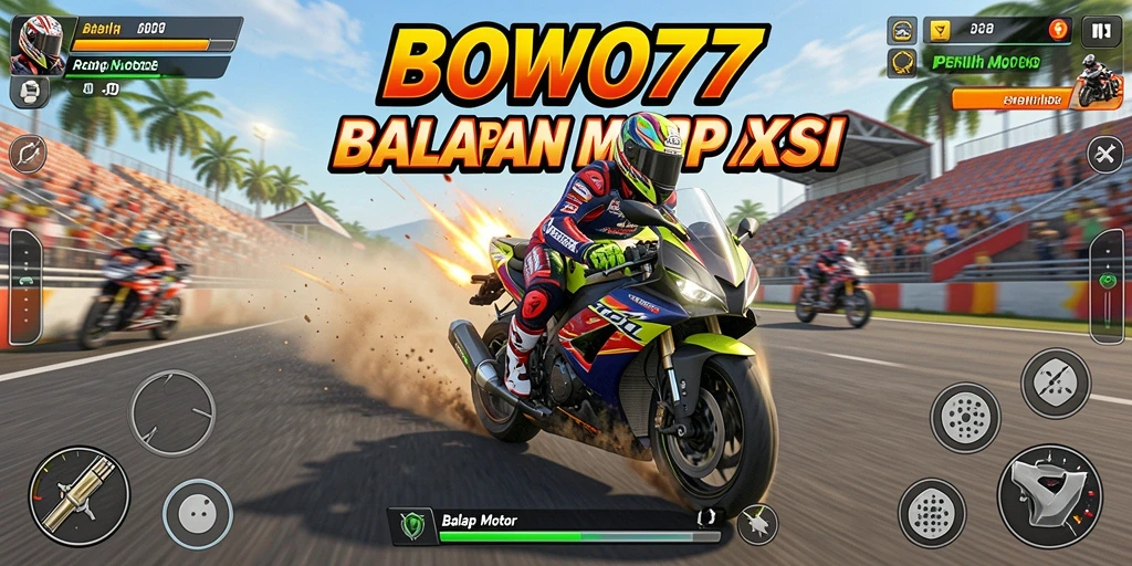 Screenshot menunjukkan antarmuka balapan motor yang menegangkan.
