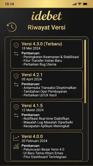 Tampilan riwayat versi idebet